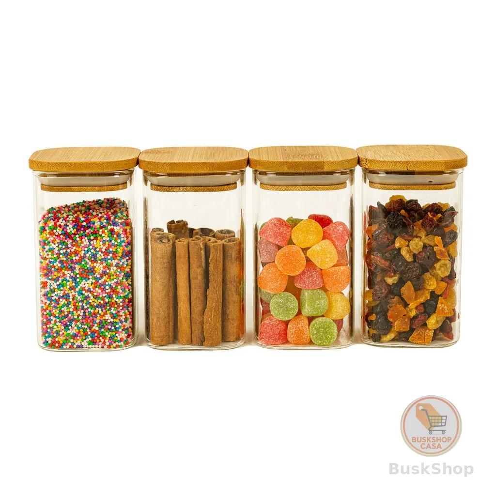 Kit 4 Potes de Vidro Tampa Bambu Quadrado Flat 250ml Oikos