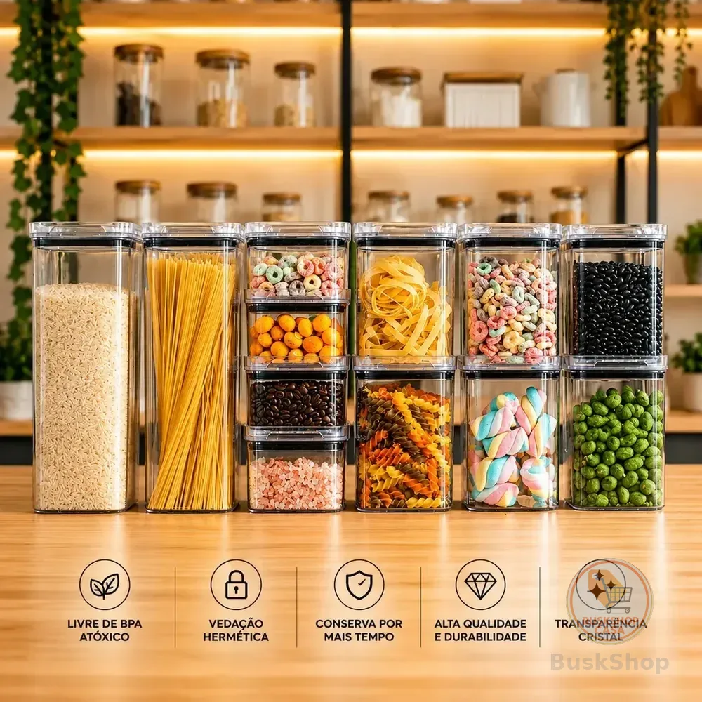Kit Potes Porta Mantimento Hermético Quadrado Cozinha 12 Unidades