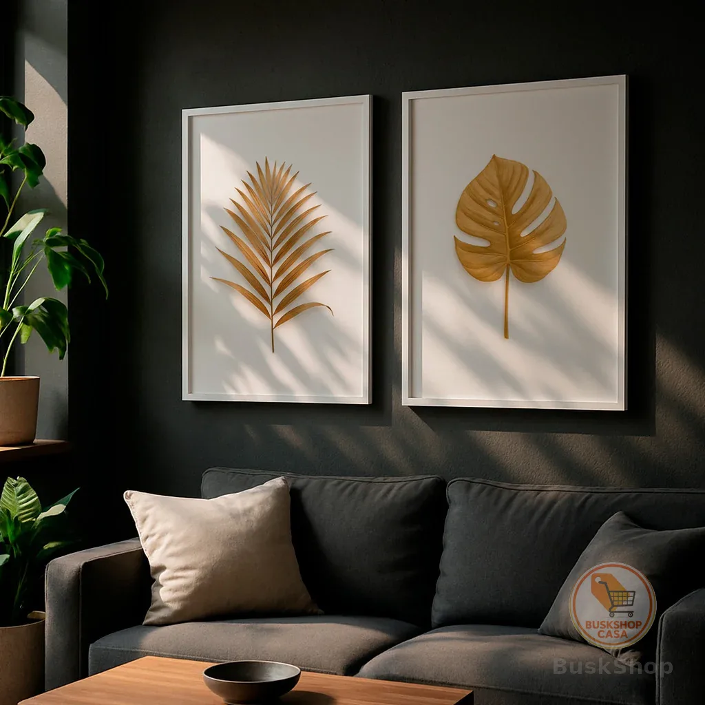 Kit 2 Quadros Folhas Douradas Decorativas Fundo Branco Clean Elegante Natureza Moderna Com Moldura