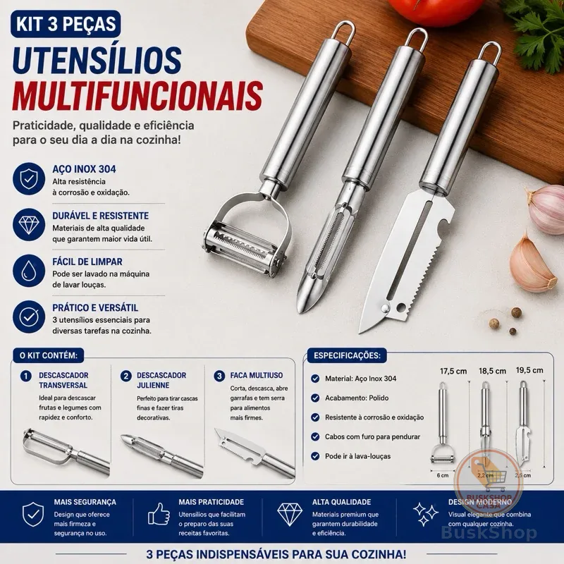 Kit 3 Descascadores Inox Legumes Frutas Escama Peixe Queijo