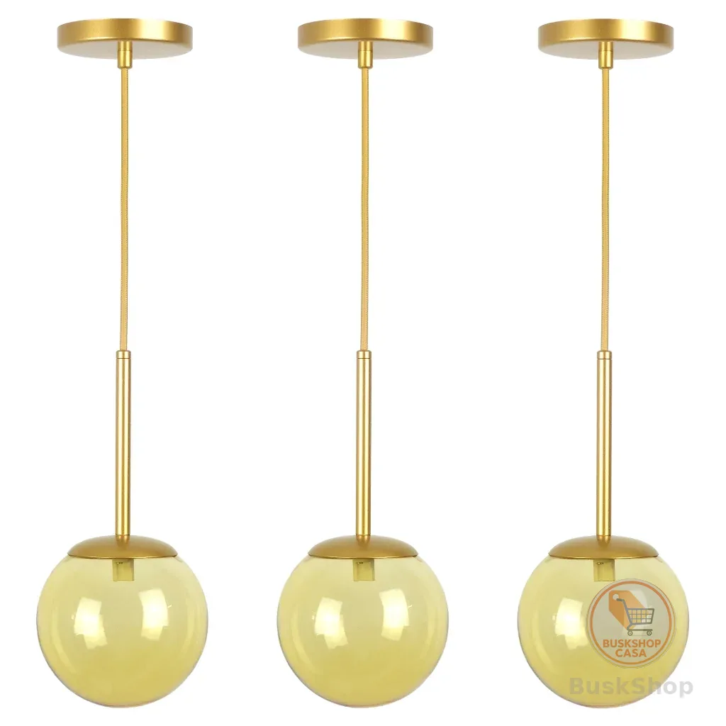 Kit 3 Pendentes Jabuticaba Dourado Globo De Vidro Âmbar