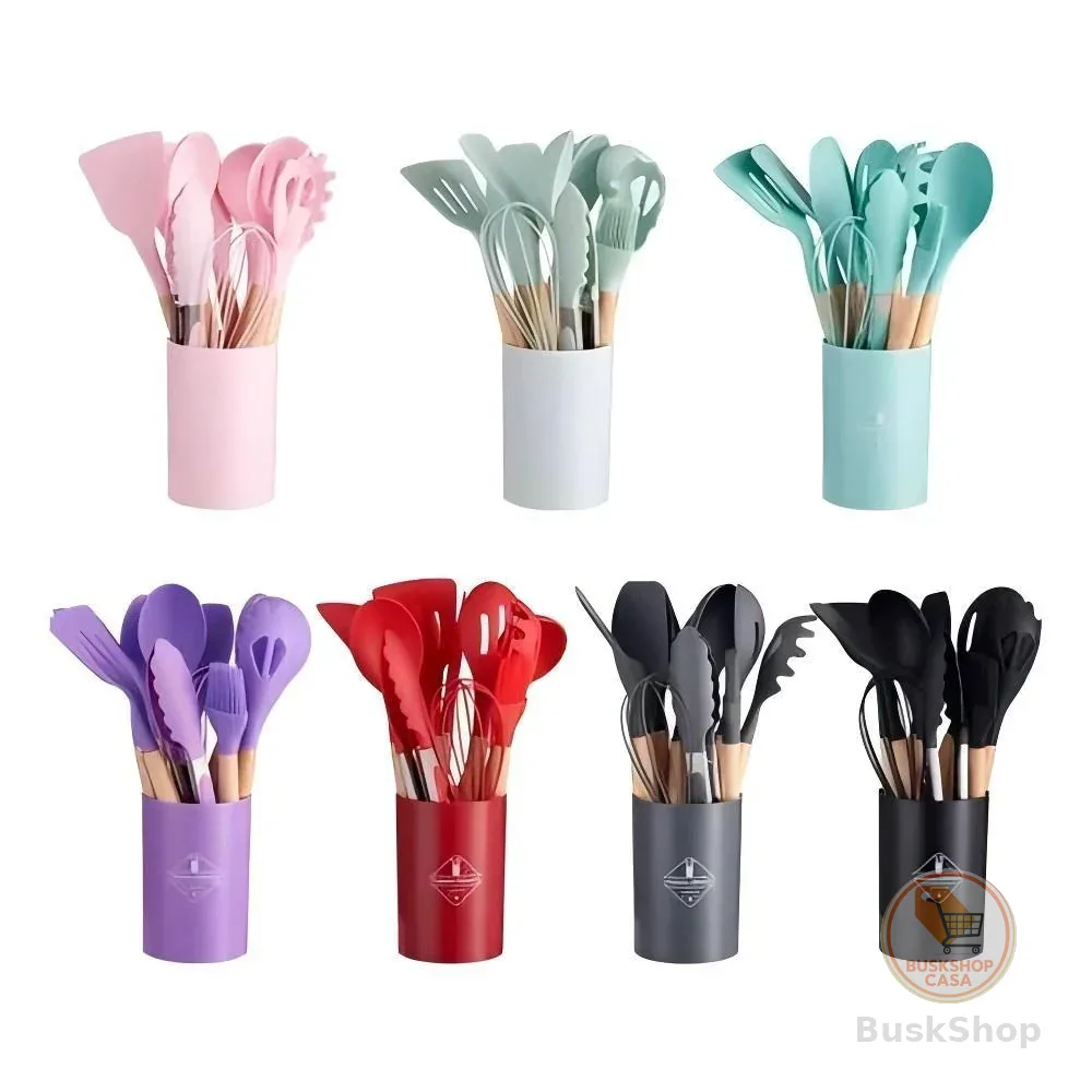 KIT de Utensílios Para Cozinha em Silicone e Bambu 12 Peças