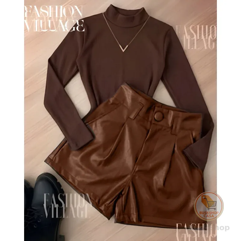 Conjunto2 UM body Manga Longa Suplex + SHORT Marrom Courinho São João Moda Blogueira 2027