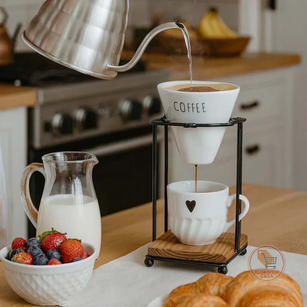 Kit Coador de Café Suporte Quadrado Porcelana Caneca 250ml Mesa Posta Presente Dia dos Pais