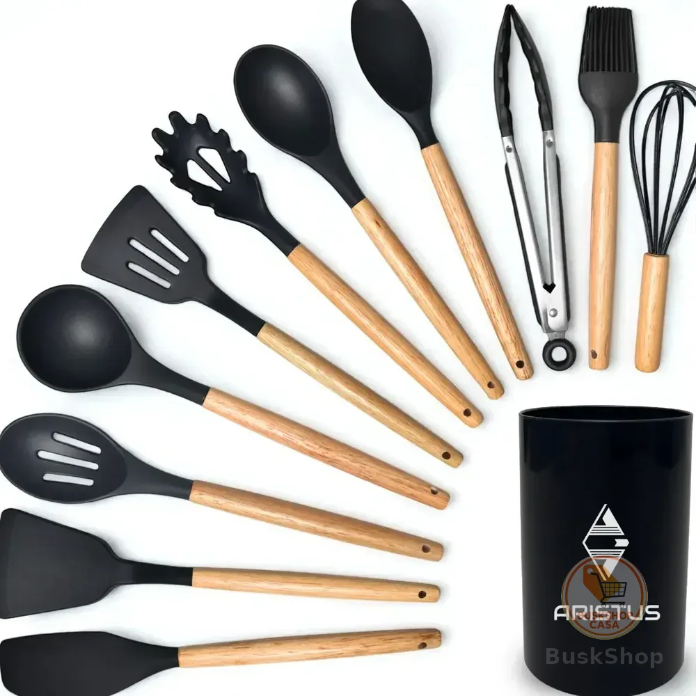 Kit 12 Utensílios De Cozinha Em Silicone Premium Com Cabo De Madeira Resistentes Ao Calor Até 220°c, Antiaderentes, Duráveis E Modernos Cor Preto