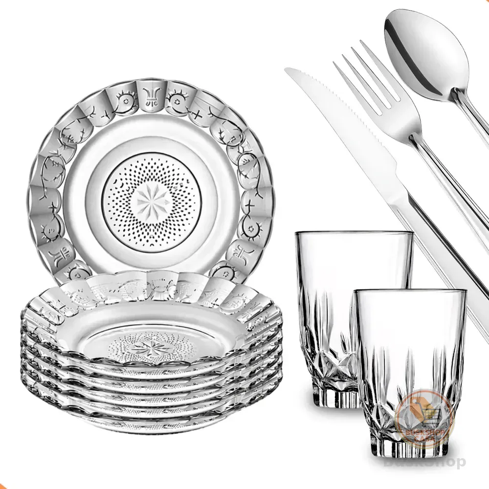 Aparelho De Jantar 30 Peças - Pratos + Copos + Talheres Inox Transparente 30 Peças