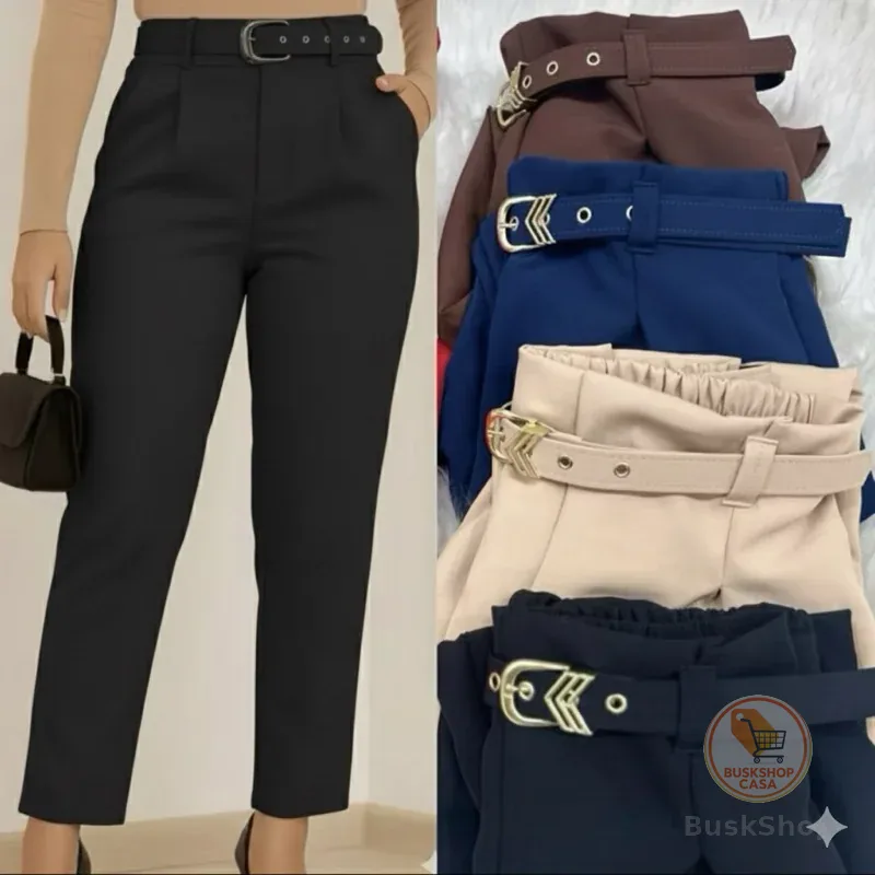Calça Feminina Alfaiataria Reta Com Cinto Cintura Alta Elegante e Confortável