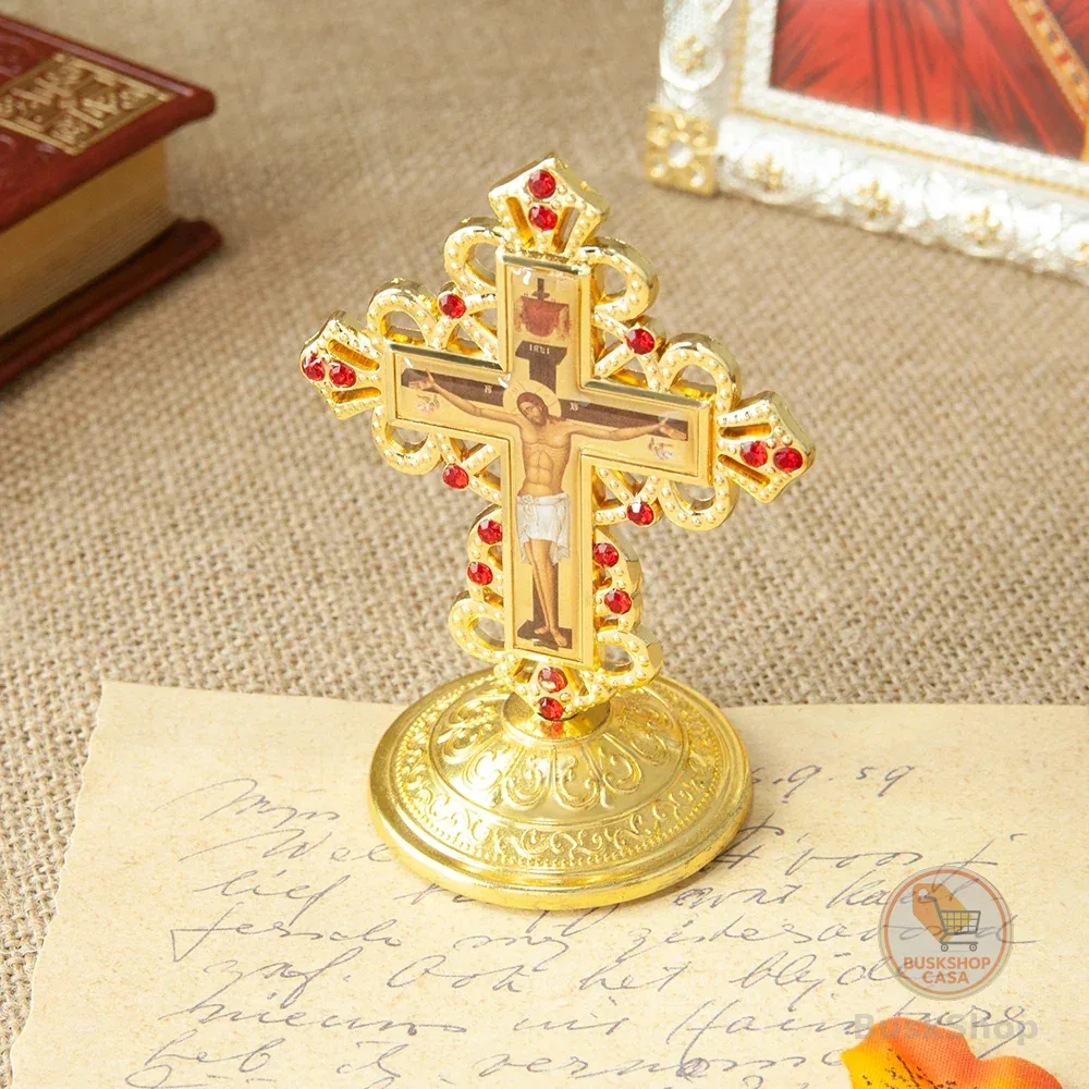 Crucifixo Ortodoxo Bizantino em Ouro com Cruz de Strass Vermelho, Decoração para Altar de Igreja ou Casa, Ícone de Jesus, Presente Religioso Cristão