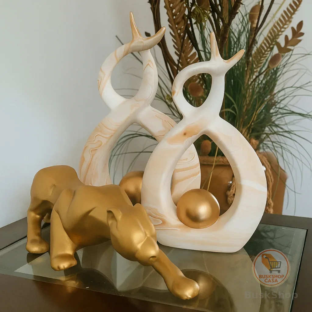 Conjunto Enfeite Dupla + Pantera Cerâmica Kit Decoração Luxo Sala Rack Estante