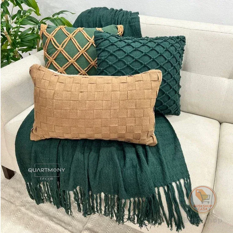 Kit Capa Almofada Cordão Verde Musgo Caramelo Macrame Artesanal Estilo Boho Trançada Moderno