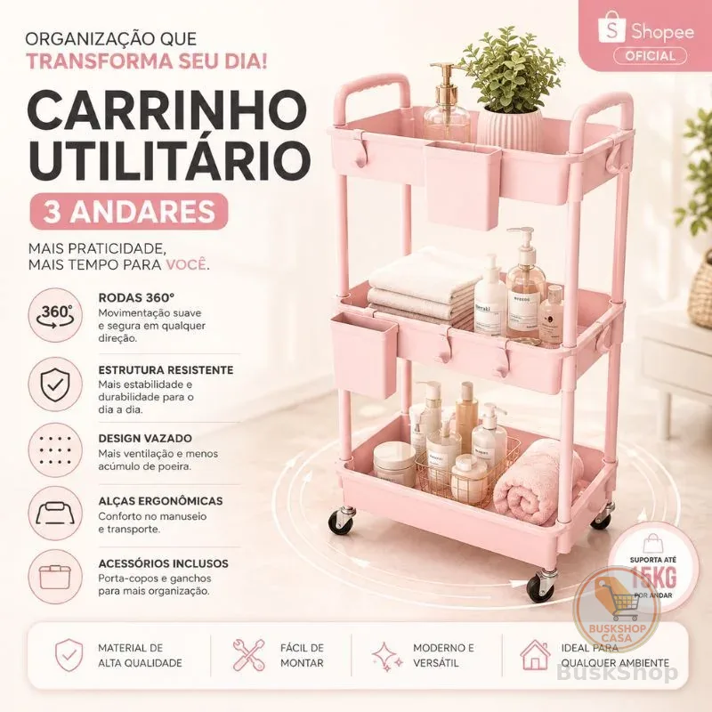 Carrinho Multiuso 3 Prateleiras com Rodinhas 360° Organizador Casa Banheiro Cozinha Preto