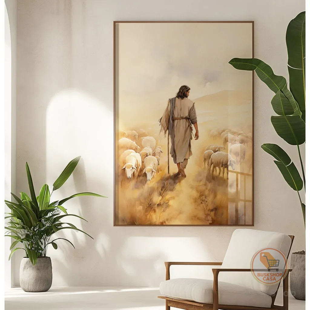Quadro Decorativo Grande Com Moldura E Vidro Sala Quarto Casal Escritório Jesus Cristo E Ovelhas