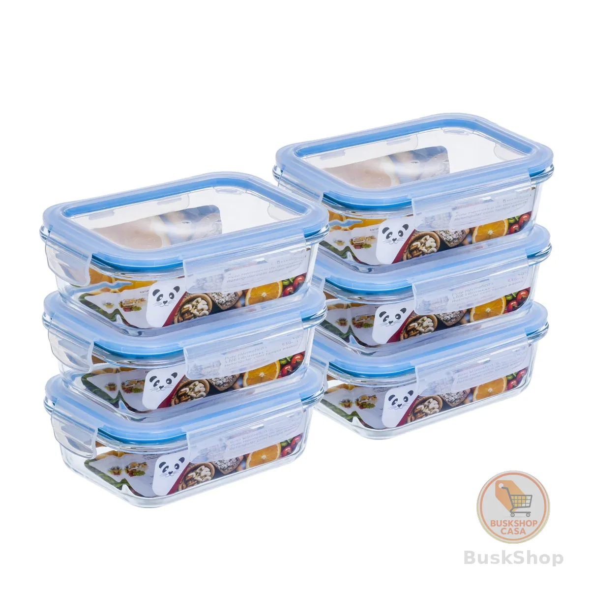 Kit com 6 Potes de Vidro Gato Panda, 640 ml, Retangular, com Tampa Hermética, Azul