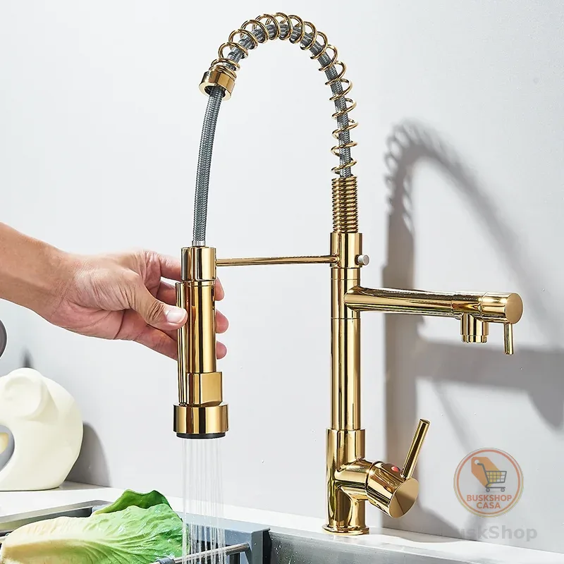 Torneira Cozinha Gourmet Monocomando Com Spray Extensor Dourado