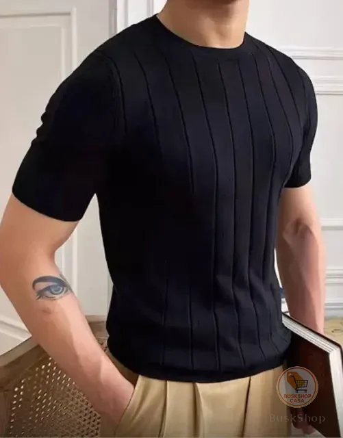 Camiseta Masculina Básica Canelada Manga Curta Tricot Modal