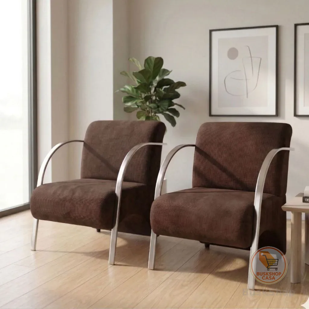Kit 2 Poltronas Decorativas de Suede com Braços de Alumínio Sala Consultório Escritório Barbearia Quarto