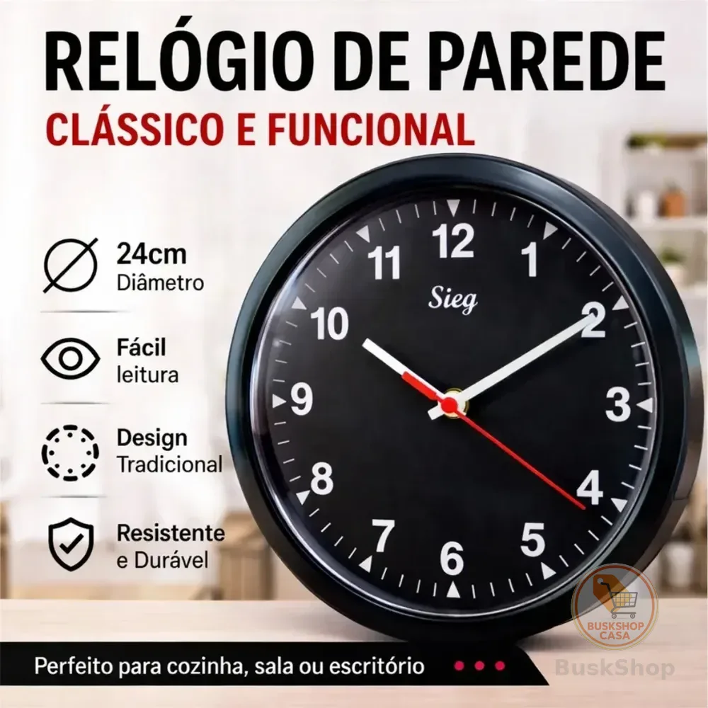 Relógio de Parede Analógico Redondo 24cm Preto Clássico para Cozinha e Sala