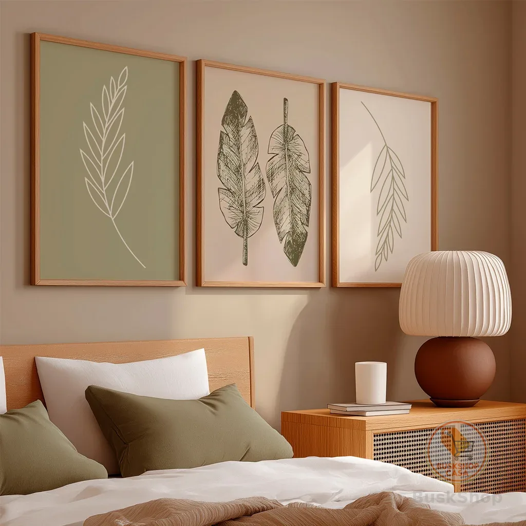 Kit 3 Quadros Decorativo Folha Verde Desenho Minimalista Neutro Natural Simples Com Moldura