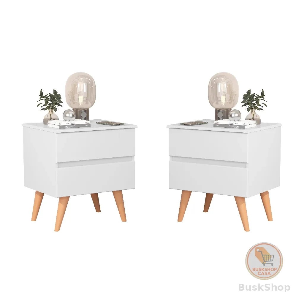 KIT 2 Mesas De Cabeceira Roma Criado Para Quarto Pés Palito Retro 2 Gavetas - Várias Cores