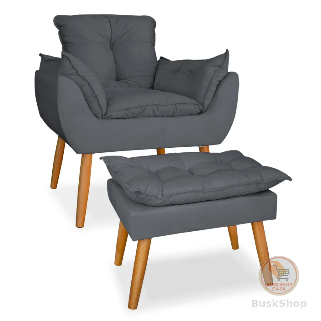 Poltrona opala mais puff deluxo pes palito em suede cinza