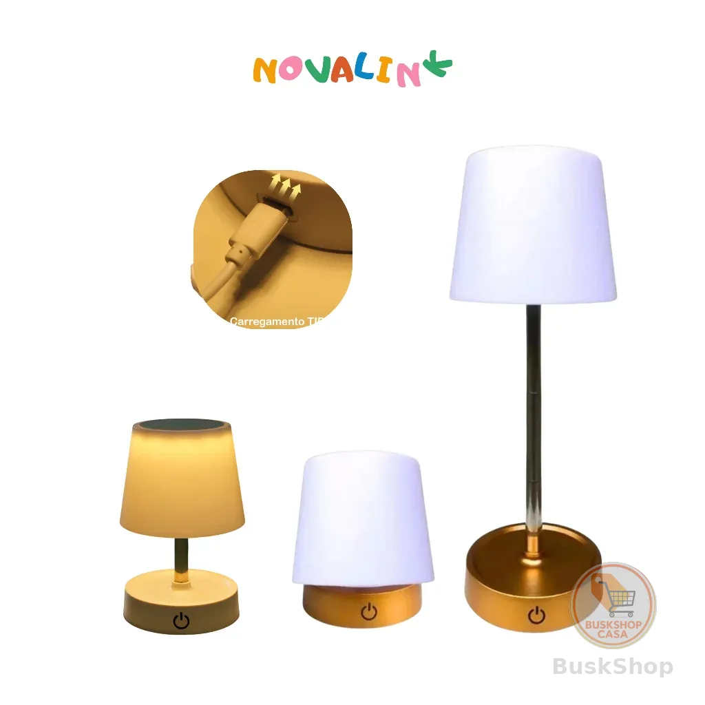 Abajur Recarregável Touch Luminária Retrátil em Aço com Luz de Led Branco Quente Ajustável-USB