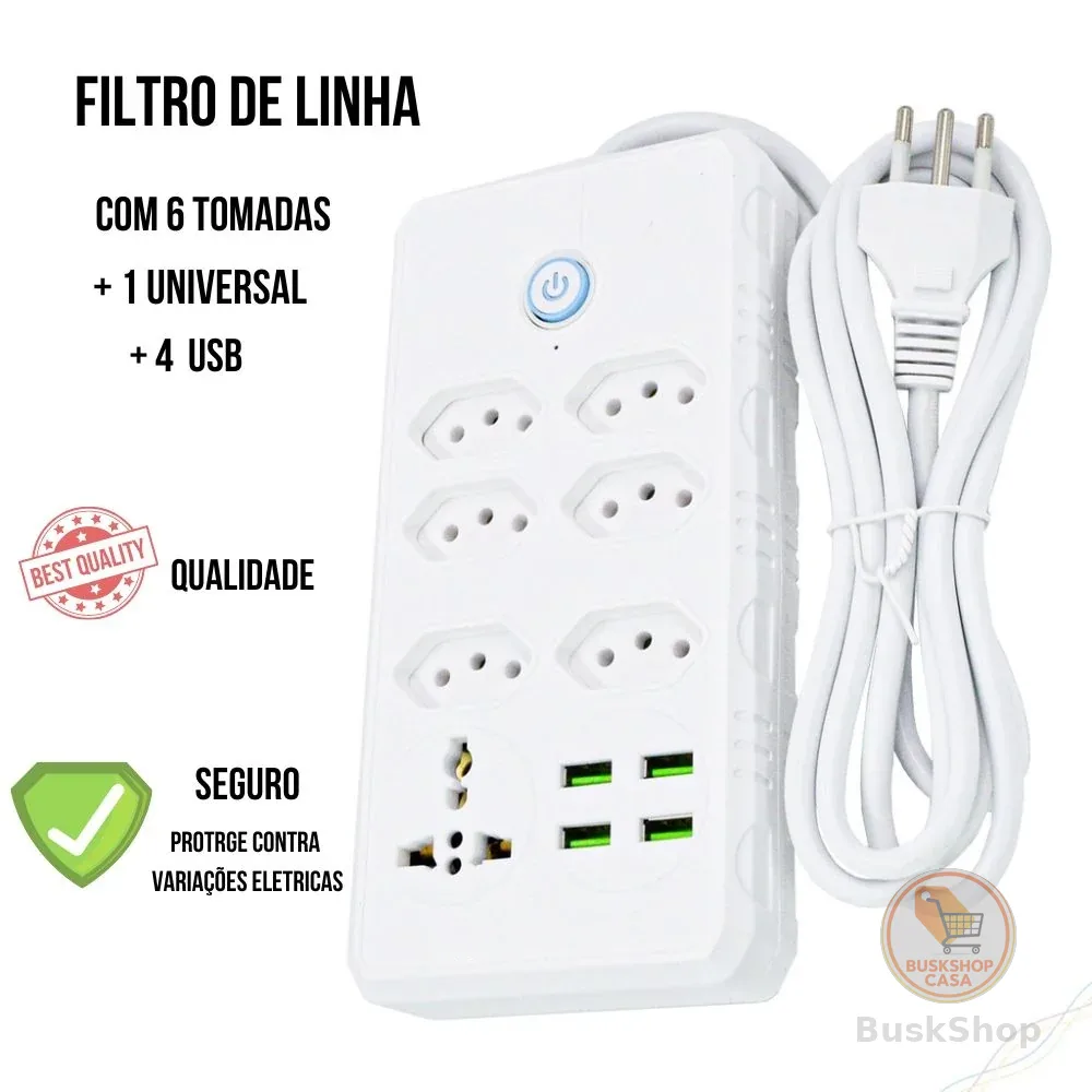 Régua Filtro de Linha com 7 Tomadas Extensão Elétrica 1 Universal 4 USB Bivolt 10A 110v/220v Cabo de 2 Metros Seguro e confiável