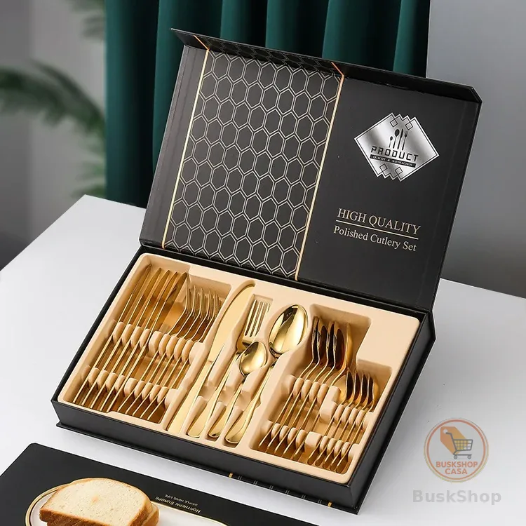 Jogo/KIT Talheres Faqueiro Inox Dourado Polidos de Alta Qualidade 24 Peças Premium Luxo Com Maleta