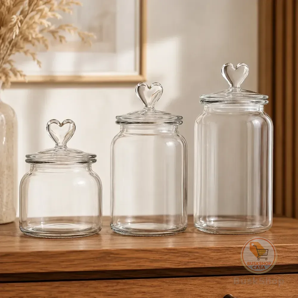 Kit 3 Potes De Vidro Coração Decoração Tampa Hermetica Água