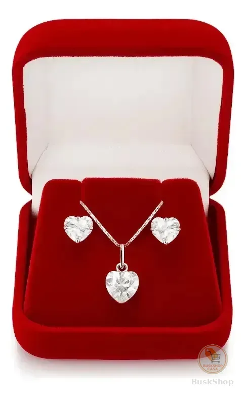 Colar Prata + Brincos Feminino Coração Zircônia Prata
