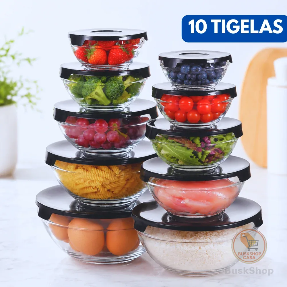 Conjunto De 10 Potes Tigelas Vidro com Tampa Bowls Hermética  Armazenamento Organizador De Cozinha