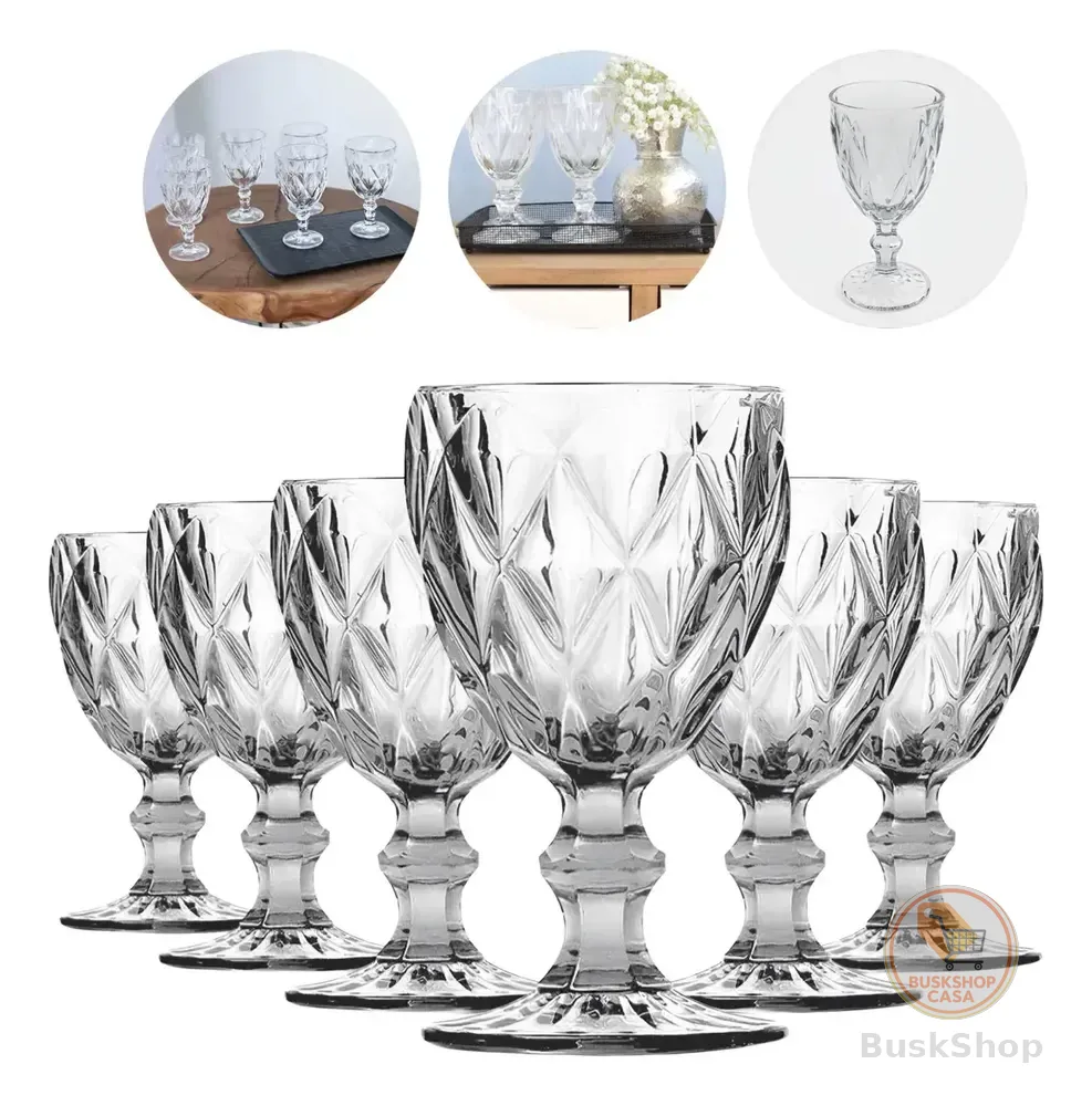 Jogo 6 Taças Vidro Domus Diamond 340ml Transparente Vinho Água