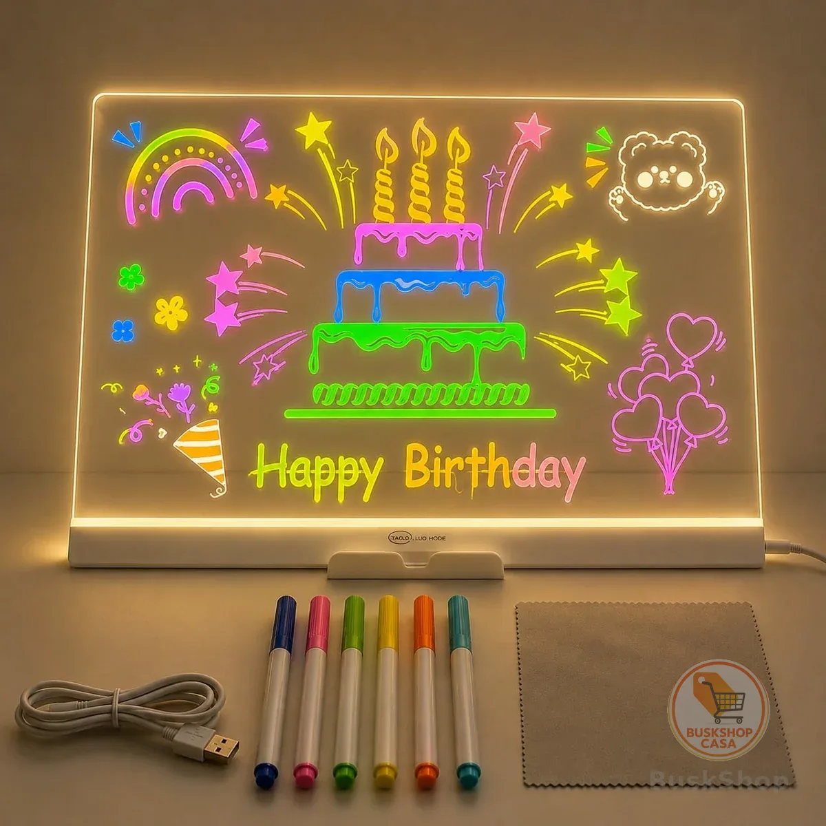 Quadro de Desenho Luminária LED para Escrita com 7 Canetas – Lousa de Mesa para Anotações em Acrílico com Efeito 3D
