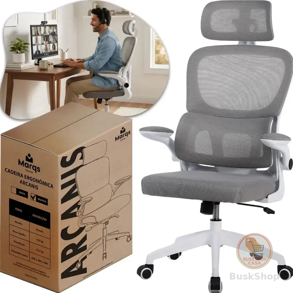 Cadeira Escritório Presidente Ergonômica NR17 Marqs Home Arcanis Cinza com Apoio Lombar e Encosto Mesh Premium