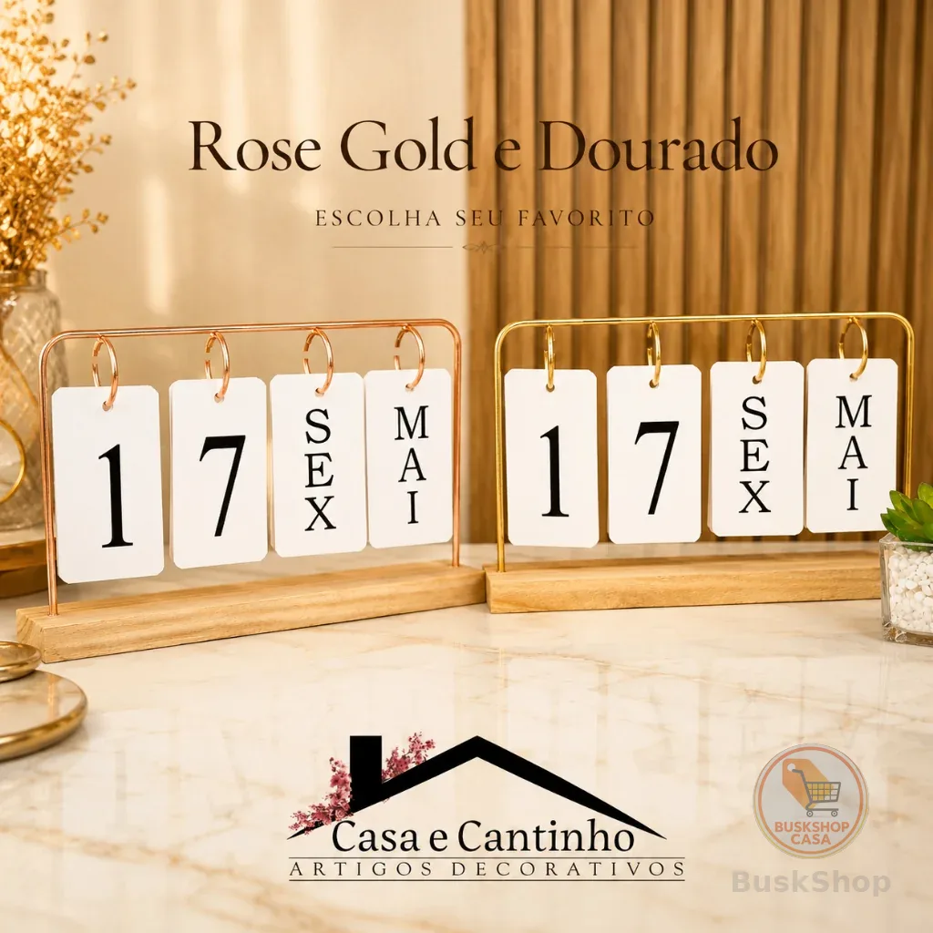 Calendário de Mesa Decorativo com Plaquinhas Preto/Dourado Permanente Escritório