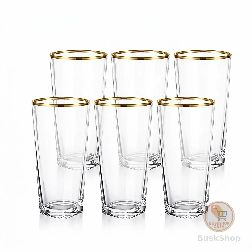 Jogo 6 Copos Transparente 280ml Vidro Borda Dourada para Água e Suco Drinks - Pisa