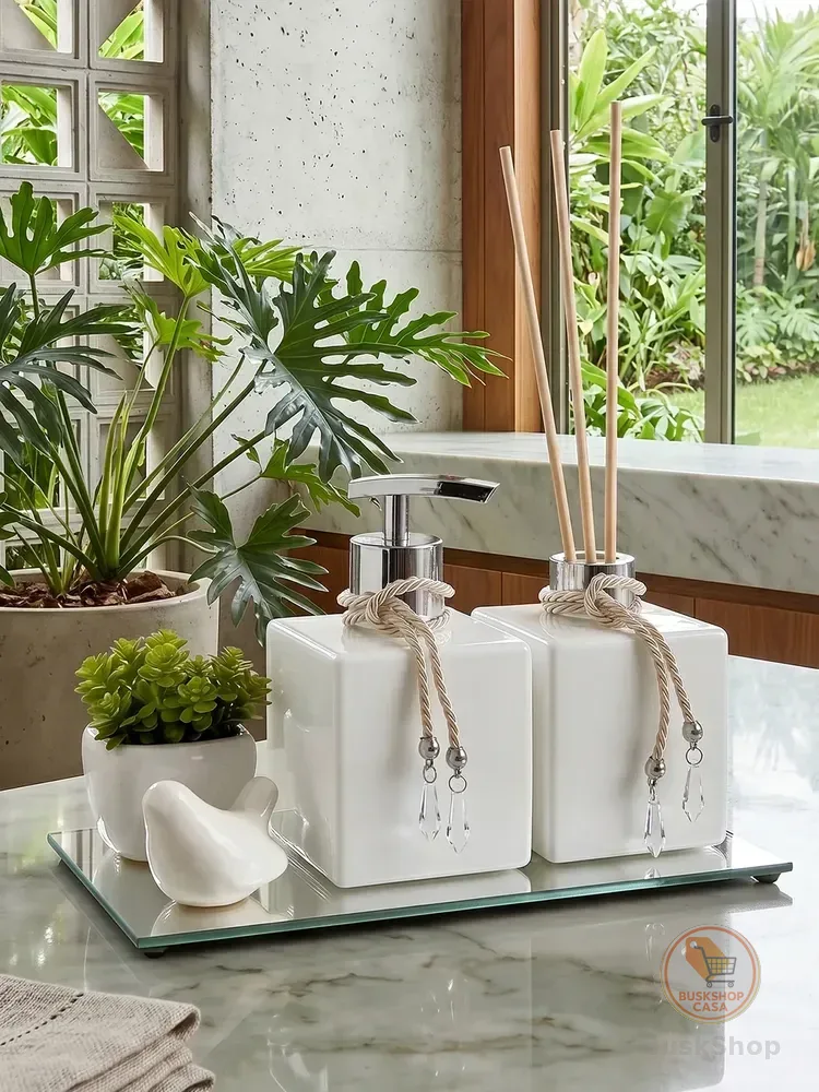 Kit Banheiro Porta Sabonete Líquido Aromatizador De Ambiente Branco