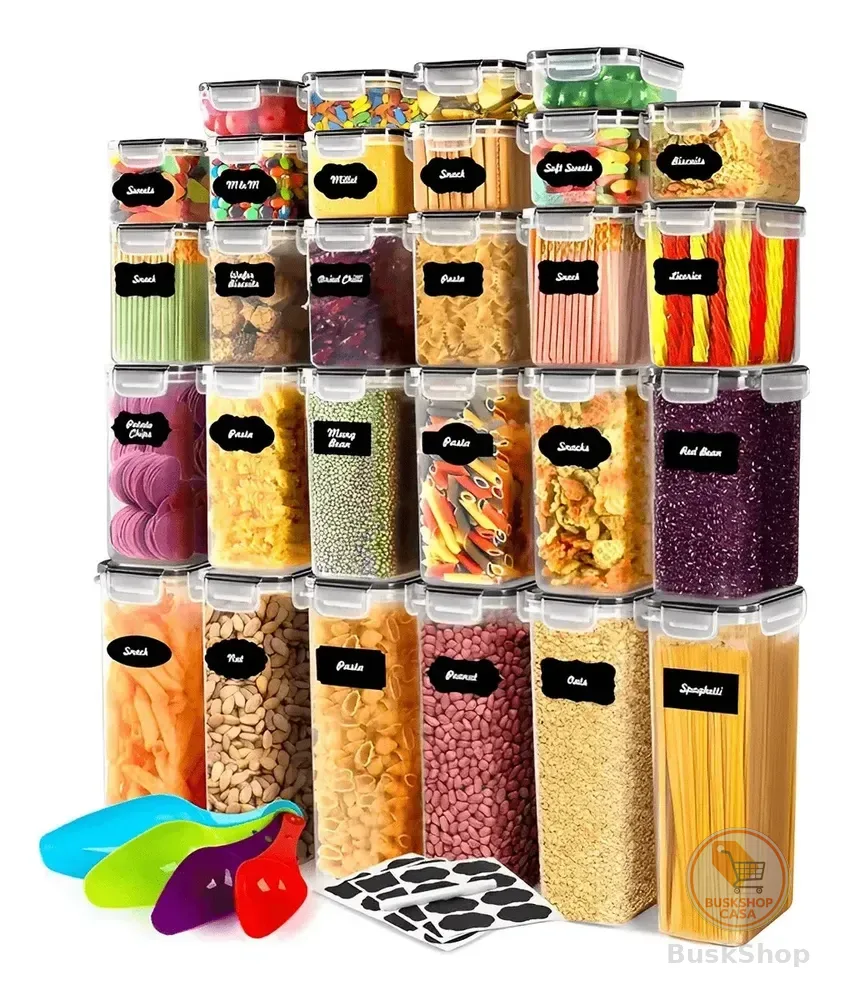 Conjunto 28 Potes Herméticos Organizador Mantimentos Cozinha Transparente Empilhável Trava Vedação Total Armazenamento Prático Para Armário E Despensa