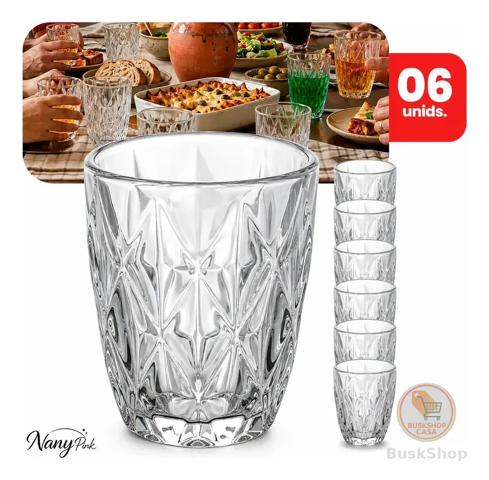 Jogo 6 Copos Diamond 300ml Vidro Grosso Diamante Egipcio Luxo Moderno Resistente Buffet Casual Baixos Transparente - Nany Pink