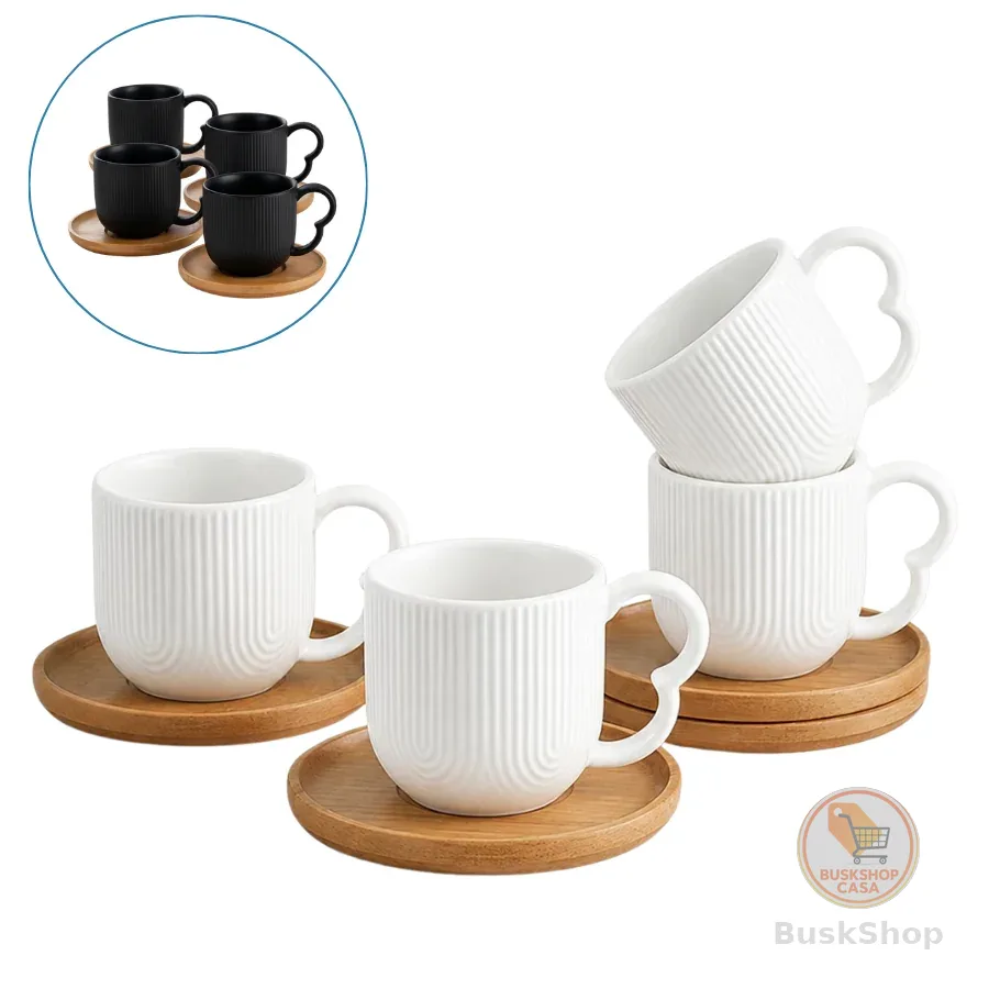 Jogo 4 Xicaras De Café Porcelana com Pires Bambu 90ml Oásis
