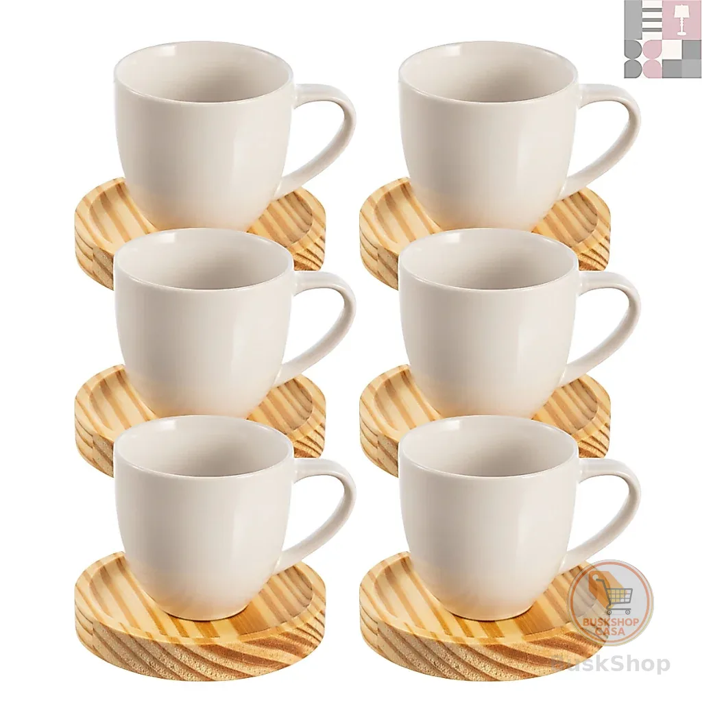 Jogo de Xícaras em Porcelana Café Expresso - 12 Peças Pires em Madeira (6 xícaras 80 ML + 6 pires)