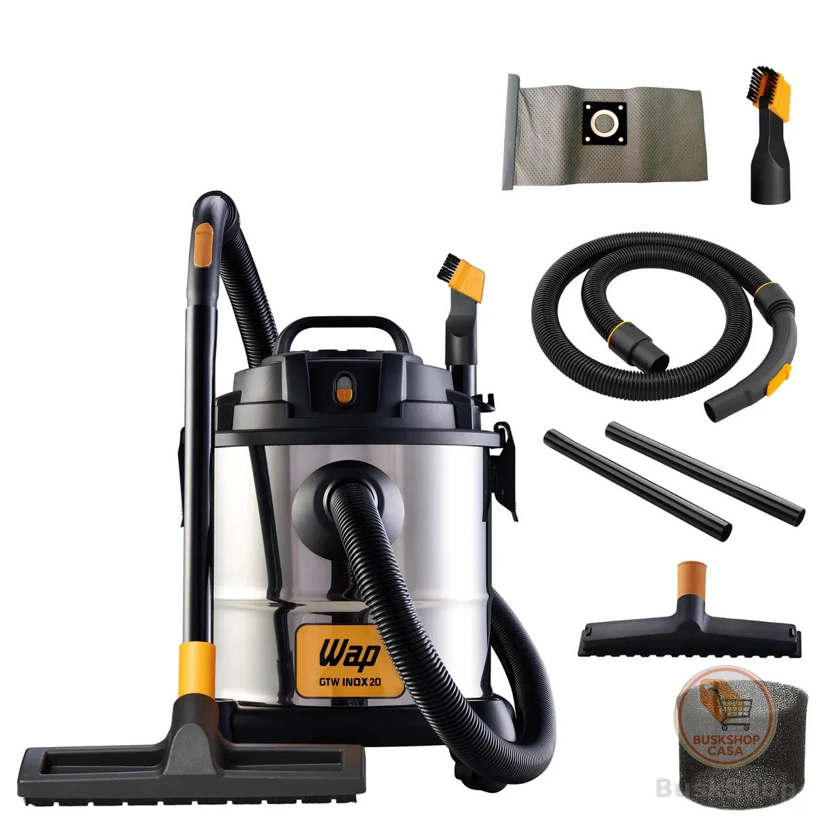 WAP Aspirador de Pó e Água Barril GTW INOX 20, Compacto, 20 Litros, com Filtro Lavável, 160mbar 1600W 220V