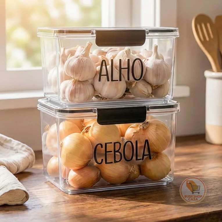 Organizador Multiuso de Geladeira 1,9L - Pote Hermético com Etiqueta, Porta Alho | Avulso ou Kit