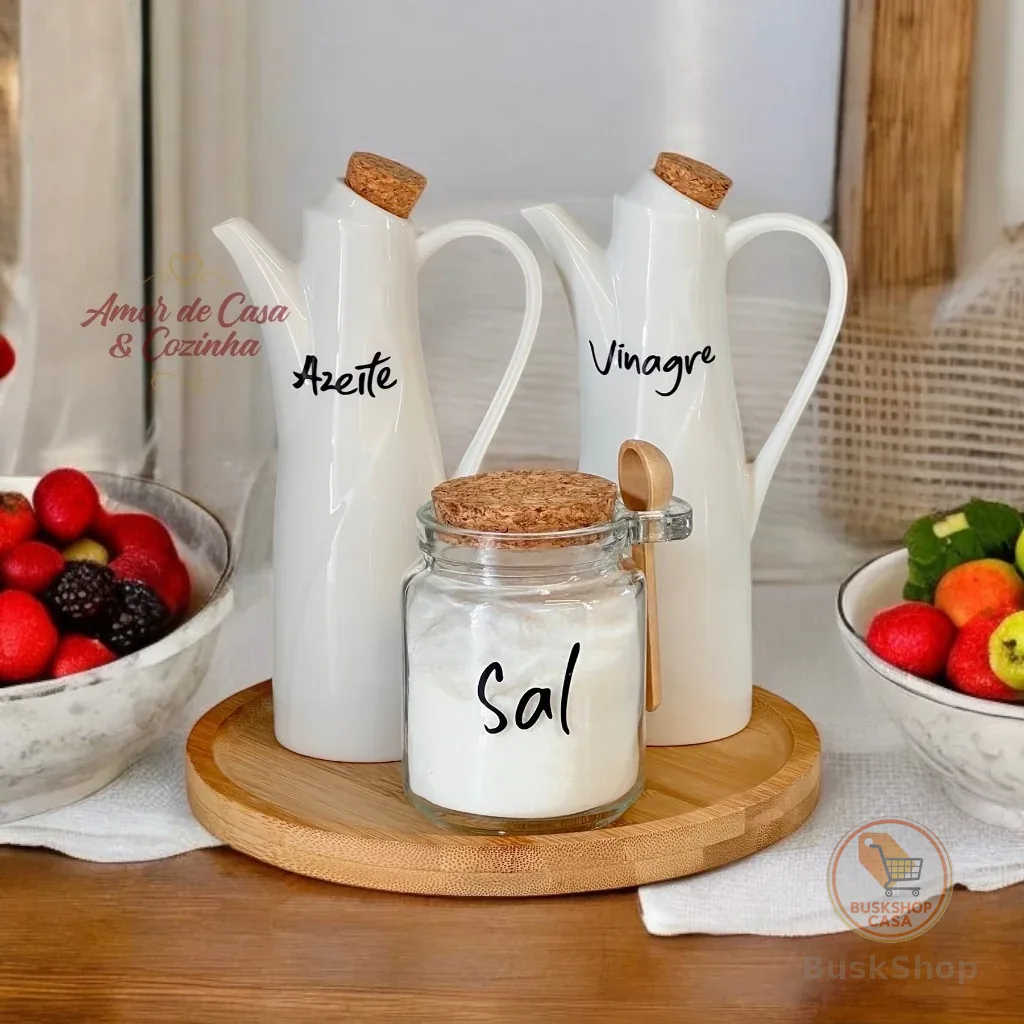 KIT GALHETEIRO DE PORCELANA COM ALÇA SALEIRO E BANDEJA GRANFINE 4 PEÇAS 250ML