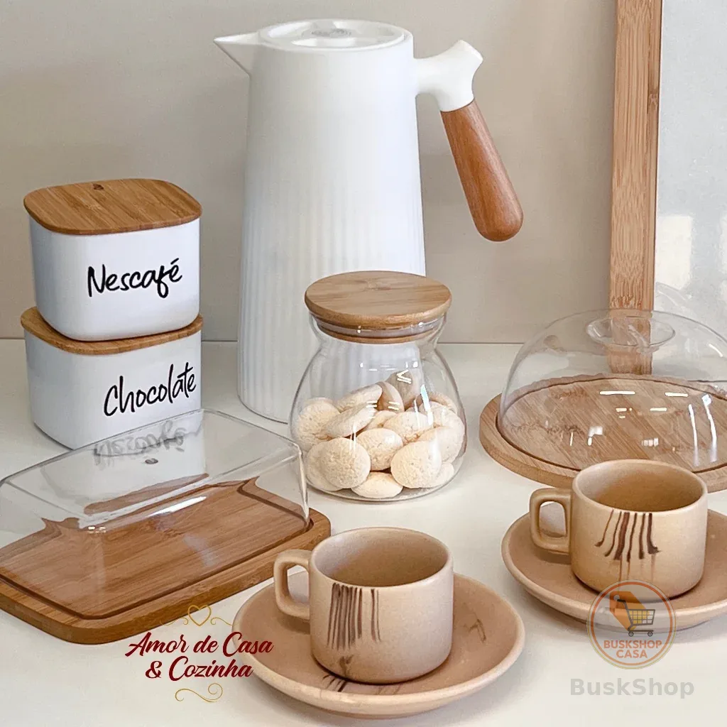 KIT MESA POSTA BAMBU ESCOLHA PERSONALIZAÇÃO 8 PEÇAS GARRAFA POTES QUEIJEIRA MANTEIGUEIRA XICARAS