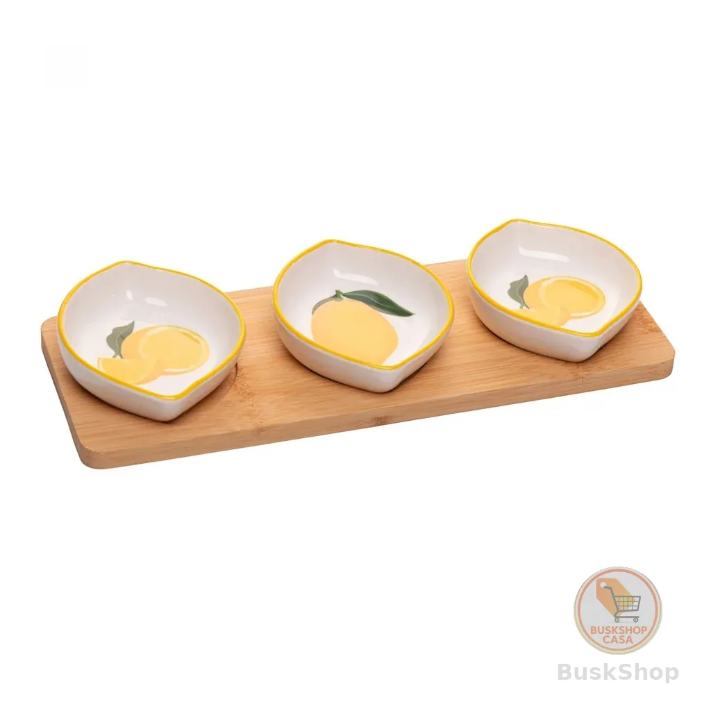 Conjunto 3 Petisqueiras Cerâmica Limão Siciliano Bandeja em Bambu