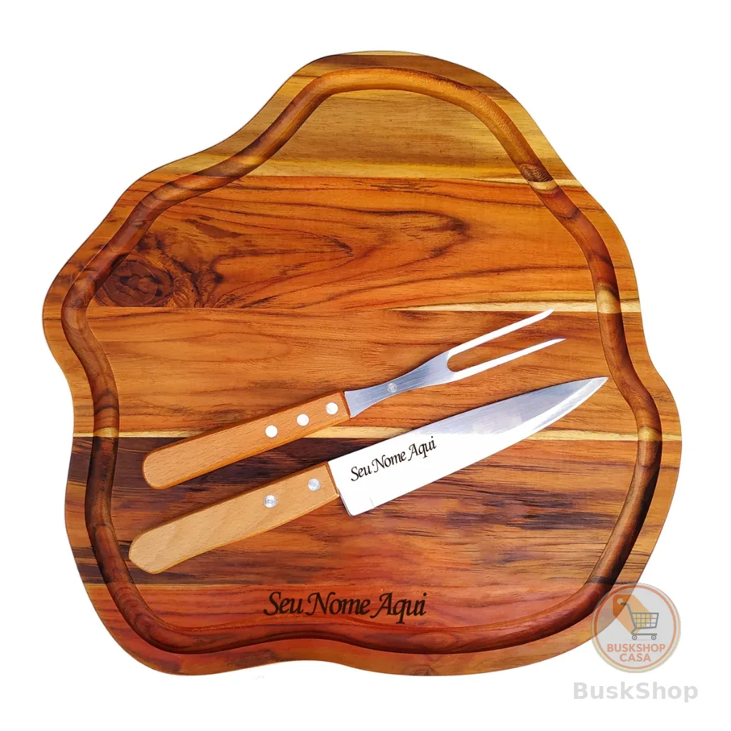 kit churrasco personalizado tábua premium faca e garfo inox