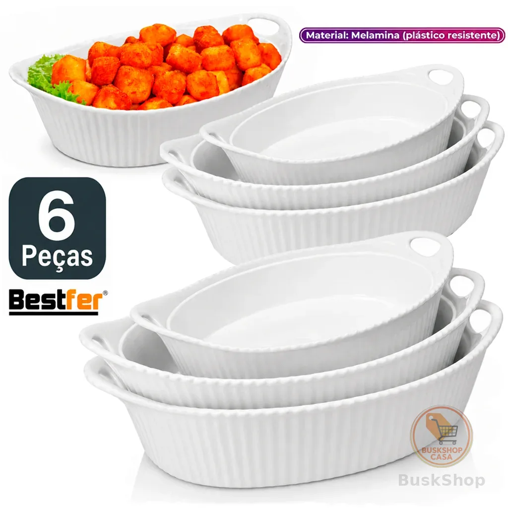 Conjunto Jogo de Assadeiras até 6 peças Travessas Oval em Melanina Bestfer PMG Branca opaline