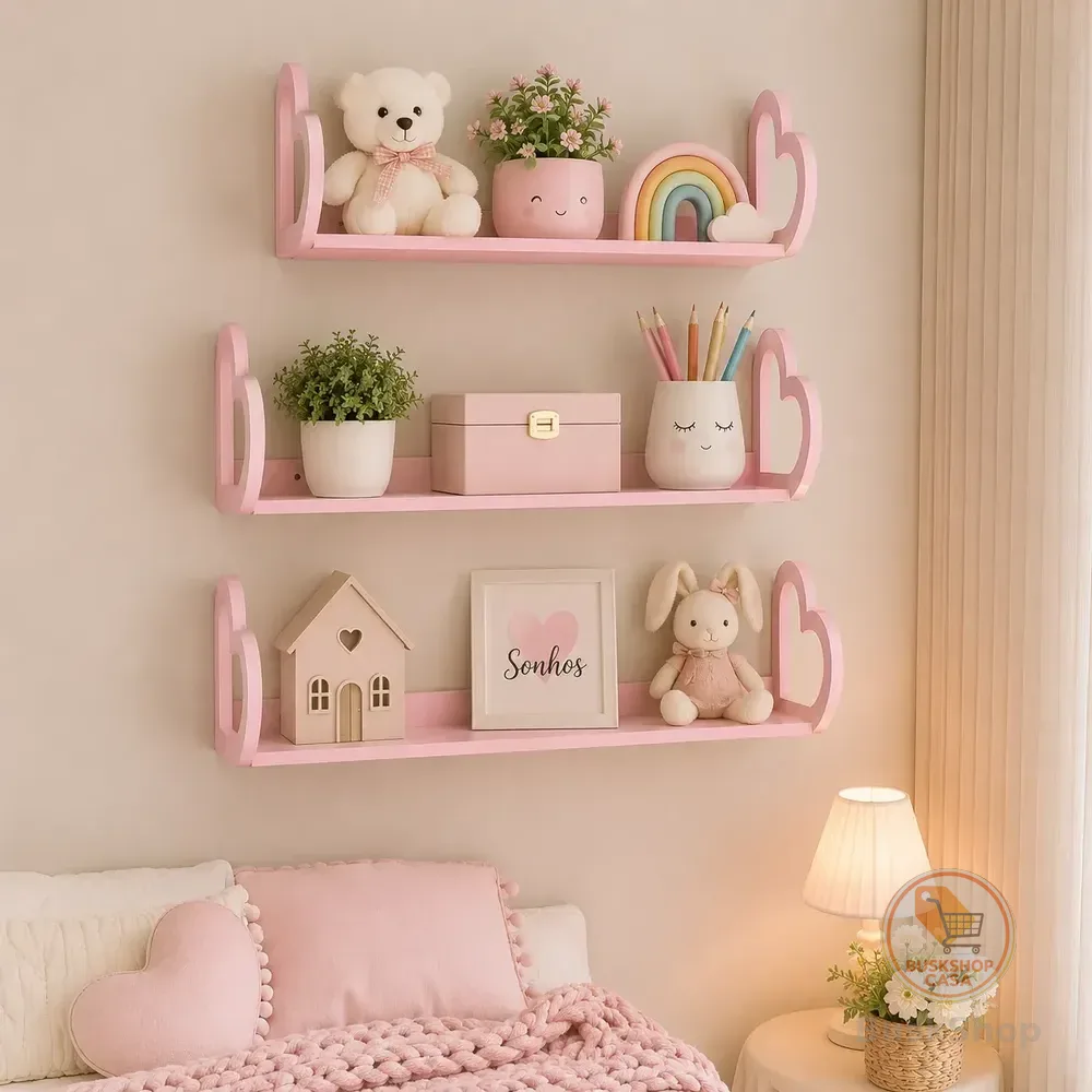 Kit 3 Prateleiras Nicho Coração Lilás Para Quarto Infantil