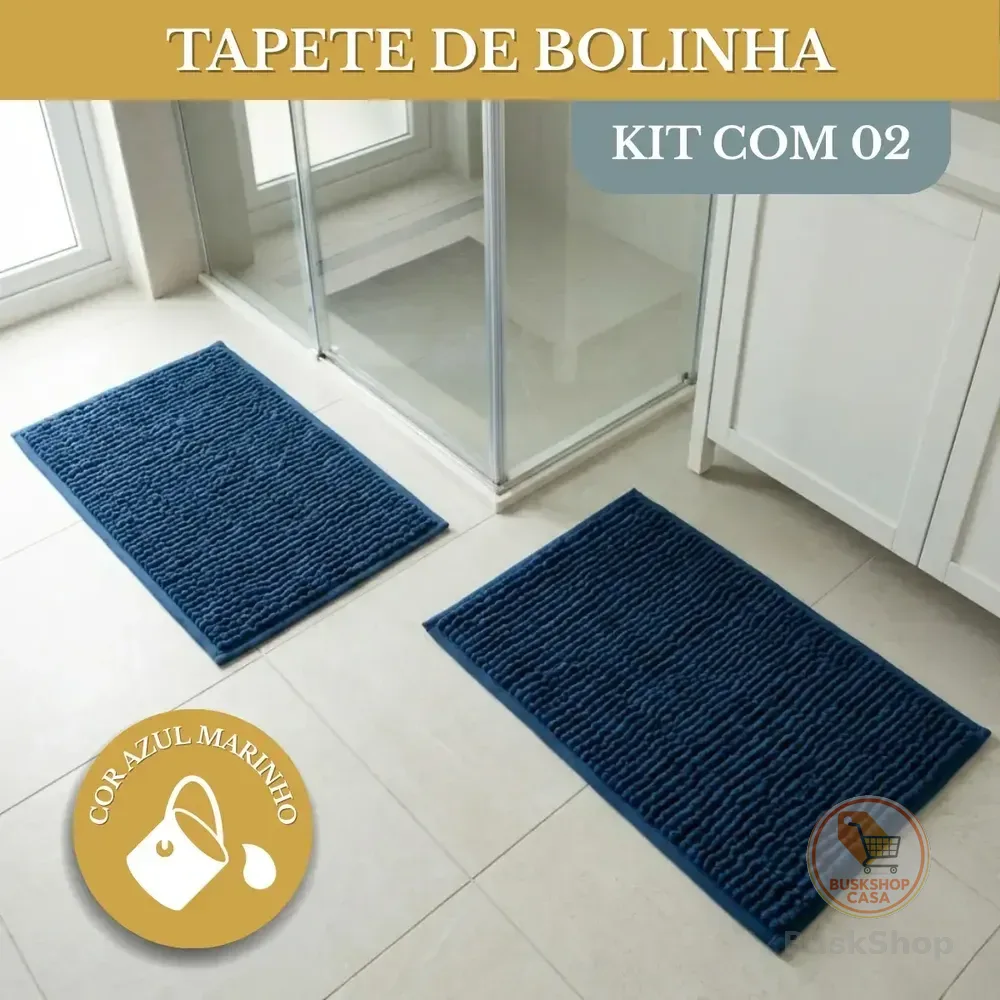 Kit 02 Tapete Banheiro Dedinho Macio Bolinha Antiderrapante Cor Azul-marinho Lisa