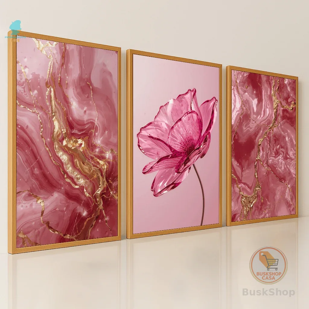 Quadros Decorativos Trio Flor Rosa Mármore Rosa Dourado Moderno Sala Quarto